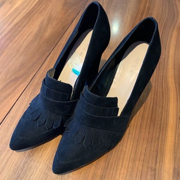 Shoe 9 West block heel, oxford or loafer style, sz 8.5 M, EUC, vegan suede, blck - Picture 3 of 16